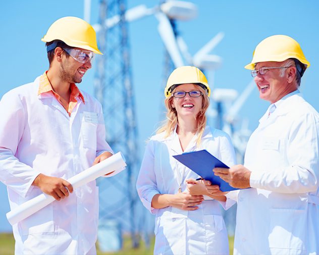 Renewable Energy Electrical engineering job employers standing before wind turbines